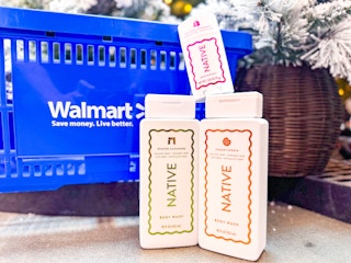 Native body wash and deodorant in front of a Walmart basket