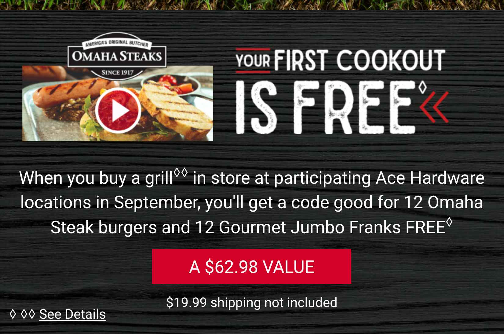a screenshot of the ace hardware labor day page showing the free omaha burgers and franks with a grill purchase in september 2023