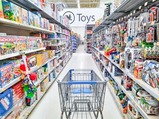 an empty walmart shopping kit in the middle of the toy aisle at Walmart