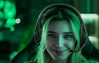 a person wearing a gaming headset in a room with green lights
