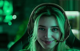 a person wearing a gaming headset in a room with green lights