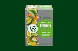 v8 energy drinks on a green background