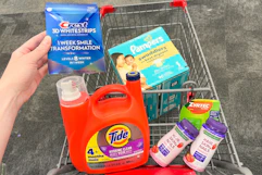 crest whitestrips, tide detergent, pampers diapers, zyrtec, and natures bounty gummies in a cart