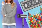 women's gray color block sweatshirt, ionic hair dryer, runner rug, and magnetic tile set