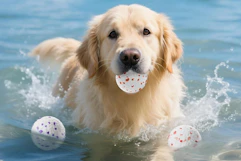 a dog chewing on dog balls