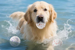 a dog chewing on dog balls