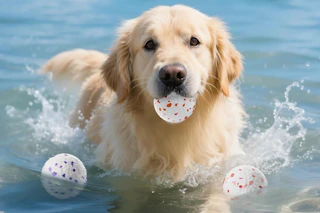 a dog chewing on dog balls
