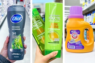 collage with garnier, dial, and arm & hammer products