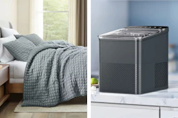 2 lifestyle images of home deals from Target (bedding + ice maker)
