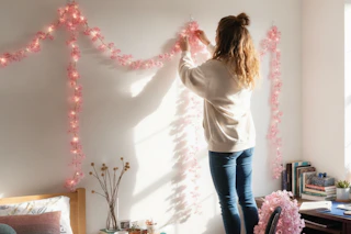 a woman putting up string lights