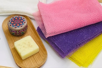 African Net Bath Sponges on a Bathroom Counter