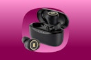 A pair of Monster bluetooth earbuds and a charging case in black with gold trim