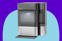 GE Profile Opal 2.0 Countertop Nugget Ice Maker on a blue background.
