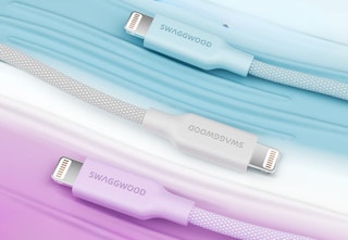 blue, gray, and purple iphone chargers