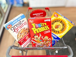 post cereals in cvs cart, great grains, fruity pebbles, and honey bunches of oats