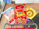 post cereals in cvs cart, great grains, fruity pebbles, and honey bunches of oats
