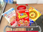 post cereals in cvs cart, great grains, fruity pebbles, and honey bunches of oats