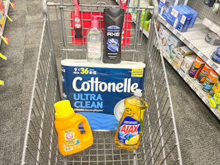 arm & hammer detergent, ajax dish soap, cottonelle toilet paper, axe body wash, and garnier micellar face wash in a cart
