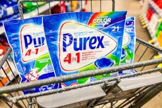 three packs of purex laundry detergent pods in walgreens shopping cart