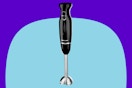 OVENTE Immersion Hand Blender, 300W Electric Handheld on a blue background.