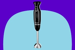 OVENTE Immersion Hand Blender, 300W Electric Handheld on a blue background.