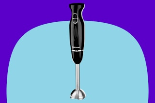 OVENTE Immersion Hand Blender, 300W Electric Handheld on a blue background.