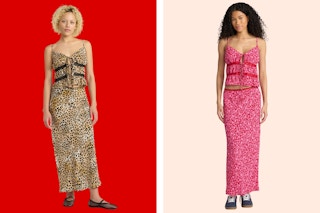 Leopard + floral print of the No Boundaries women's tie-front top & maxi skirt set