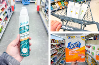 collage with native body wash, batiste dry shampoo, and scott toilet paper