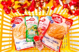 betty crocker cookie mix and icing in a yellow shopping basket