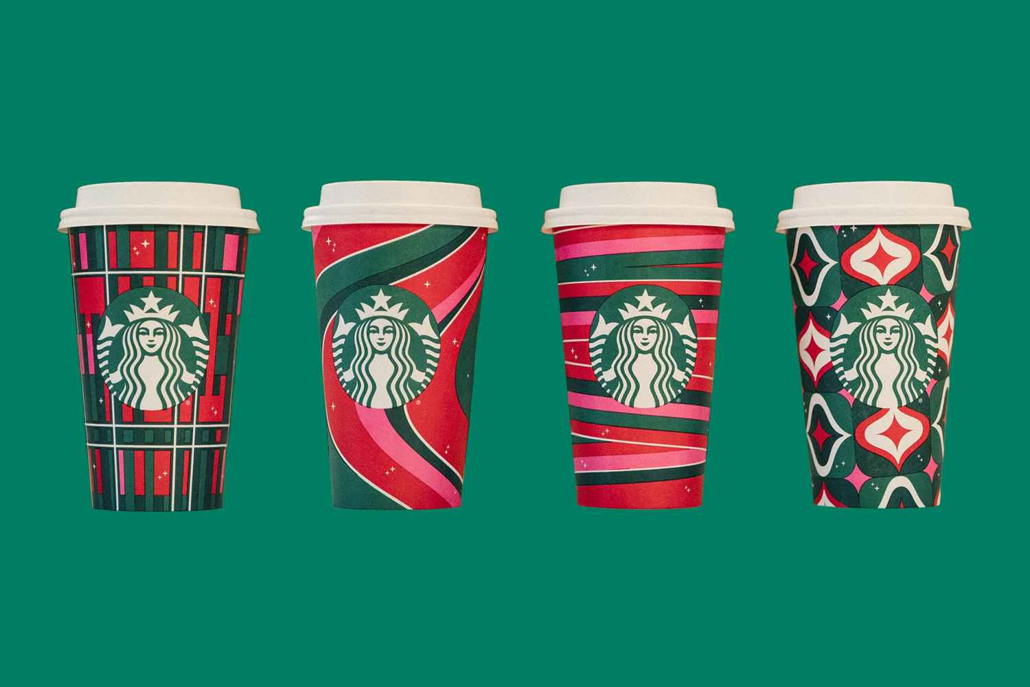 Photo of the four Starbucks Red Cup Designs: Plaid, Candy Cane, Ribbons, and Baubles.