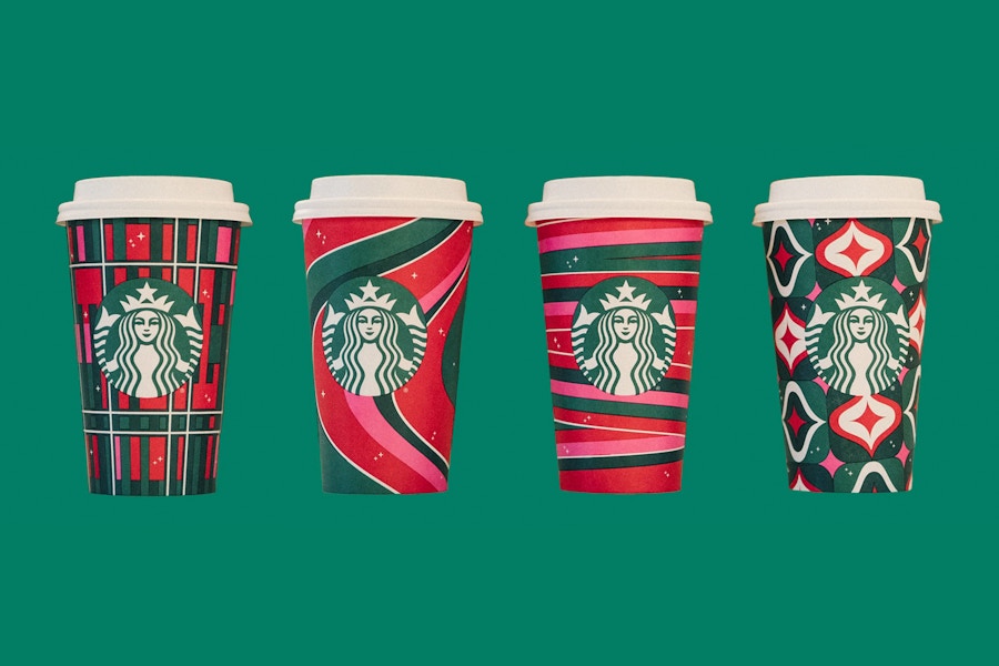 Photo of the four Starbucks Red Cup Designs: Plaid, Candy Cane, Ribbons, and Baubles.