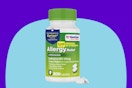 A white bottle with a green lid holding 200 caplets with 10 mg each of cetirizine hydrochloride