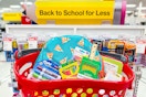 a basket of school supplies at target with a sign that says "back to school for less"