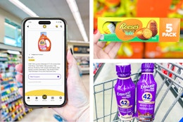 collage with a hand holding a phone displaying a 1-clip coupon, ensure, and reese's eggs