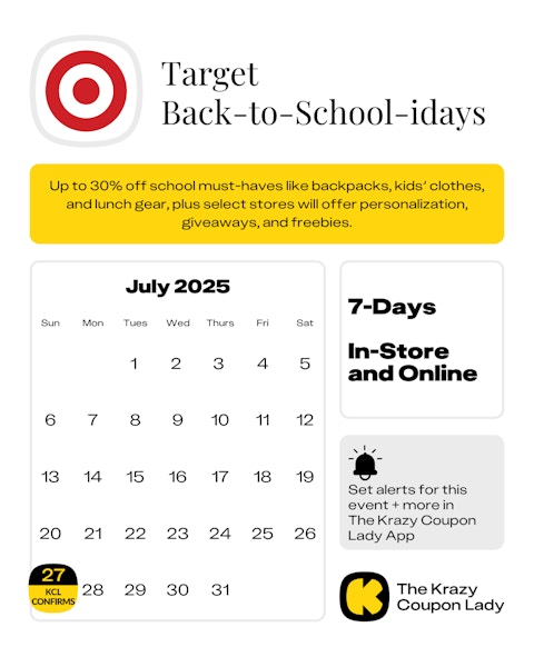 Calendar graphic of Target Back-to-School-idays Calendar starting July 27 2025
