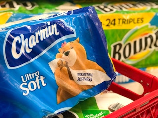 Chamin bath tissue in Target shopping cart in front of Bounty paper towel shelf