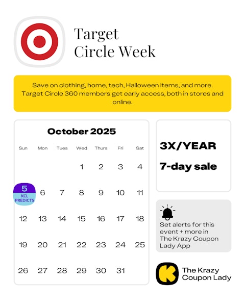Calendar graphic showing the next Target Circle Week event is predicted to start on Sunday, October 5, 2025.