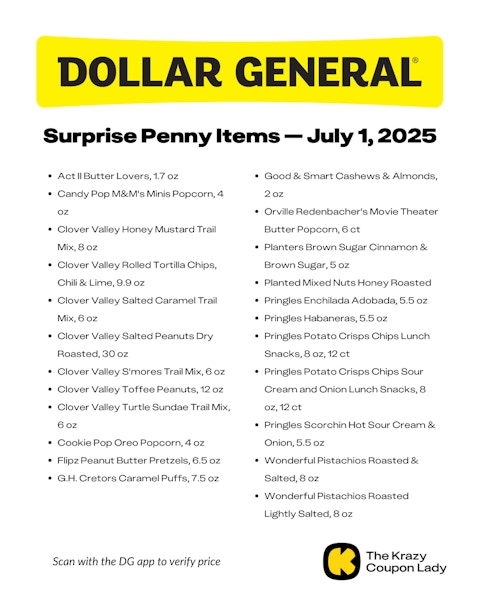 Graphic with Dollar General Surprise Penny List for July 1 2025