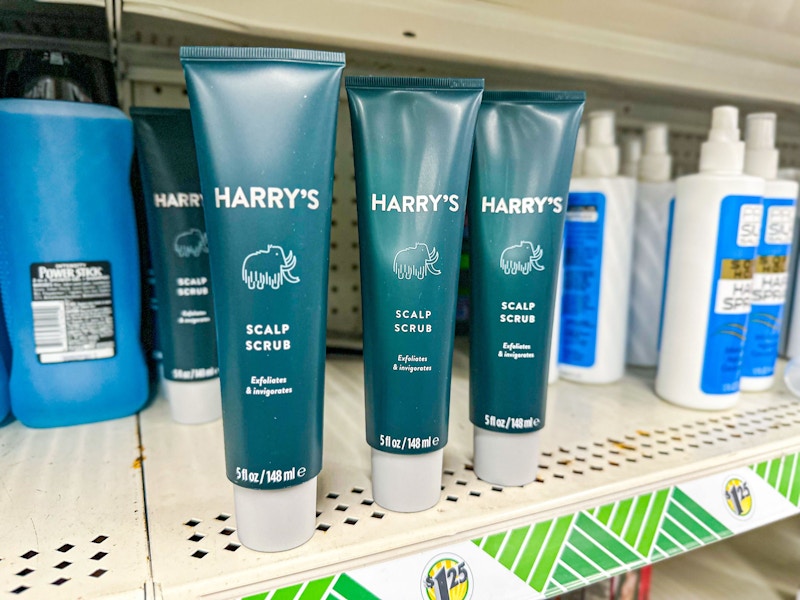 bottles of harrys scalp scrub on a shelf