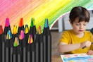 Twelve rainbow pencils on a rainbow penciled background and a little boy holding one about to color.