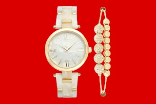 INC Women's Gold-Tone & Mother-of-Pearl Bracelet Watch 38mm & Slider Bracelet Set from Macy's on a red background