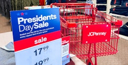 A JCPenney presidents day sale sign and cart