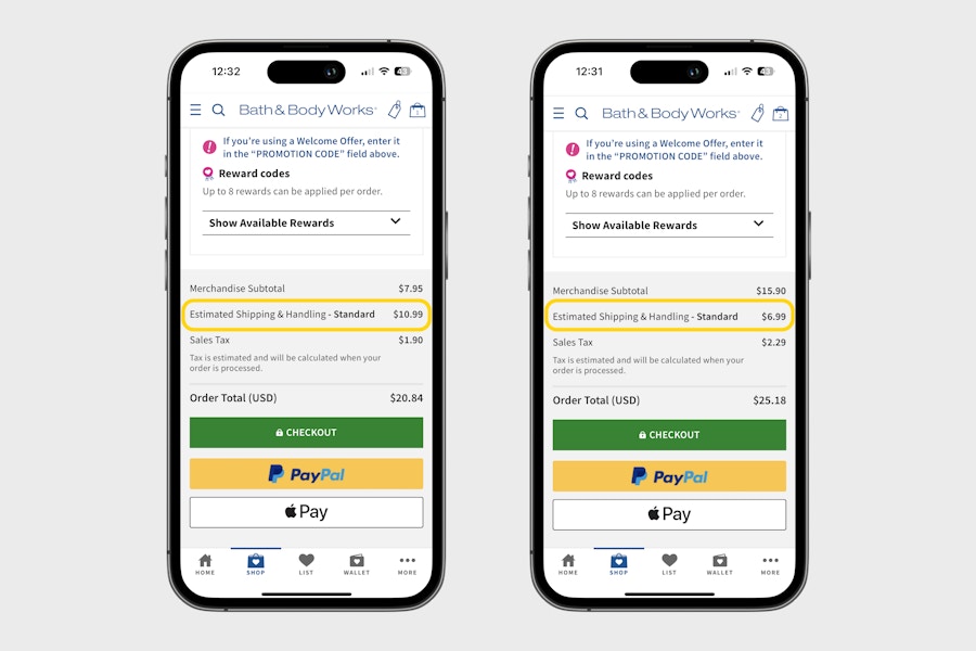 screenshots showing two shipping prices for bath and body works online purchases