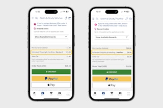 screenshots showing two shipping prices for bath and body works online purchases