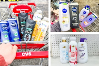 collage image of dove, nivea, axe, and st ives body washes