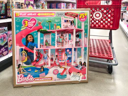 Barbie-dreamhouse-pool-party-doll-house in target aisle in front of cart