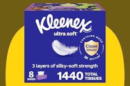  Kleenex Ultra Soft Facial Tissues, 8 Flat Boxes on a yellow background.