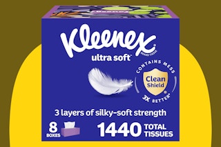 Kleenex Ultra Soft Facial Tissues, 8 Flat Boxes on a yellow background.