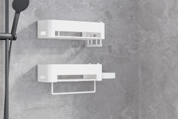 shower shelves on a wall