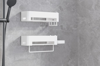shower shelves on a wall